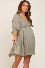 Olive Smocked Puff Sleeve Maternity Dress