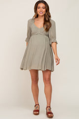 Olive Smocked Puff Sleeve Maternity Dress