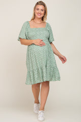 Light Olive Floral Smocked Square Neck Ruffle Hem Maternity Plus Dress