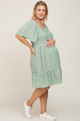 Light Olive Floral Smocked Square Neck Ruffle Hem Maternity Plus Dress