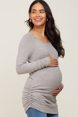 Beige Brushed Knit Ruched Maternity Top