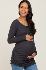 Charcoal Brushed Knit Ruched Maternity Top