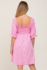 Pink Floral Smocked Square Neck Maternity Dress