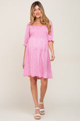 Pink Floral Smocked Square Neck Maternity Dress