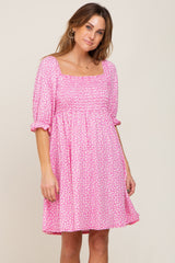 Pink Floral Smocked Square Neck Dress