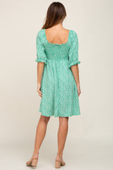 Green Floral Smocked Square Neck Dress