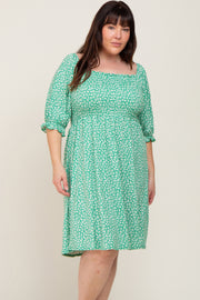 Green Floral Smocked Square Neck Plus Dress