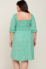 Green Floral Smocked Square Neck Plus Dress