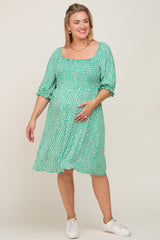 Green Floral Smocked Square Neck Maternity Plus Dress