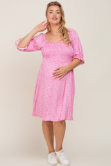 Pink Floral Smocked Square Neck Maternity Plus Dress