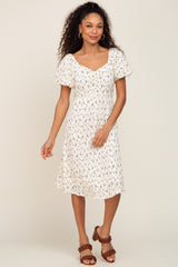 Ivory Smocked Floral Puff Sleeve Maternity Dress