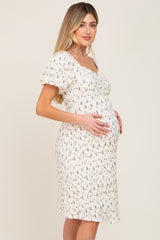 Ivory Smocked Floral Puff Sleeve Maternity Dress