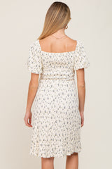 Ivory Smocked Floral Puff Sleeve Maternity Dress