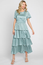 Light Olive Textured Satin Ruffle Tiered Maxi Dress