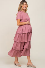 Mauve Textured Satin Ruffle Tiered Maternity Maxi Dress