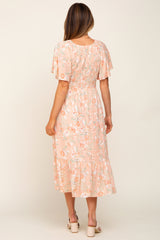 Peach Floral Smocked V-Neck Short Sleeve Midi Dress