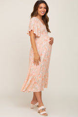 Peach Floral Smocked V-Neck Short Sleeve Maternity Midi Dress