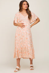 Peach Floral Smocked V-Neck Short Sleeve Maternity Midi Dress