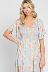 Light Blue Floral Smocked V-Neck Short Sleeve Midi Dress