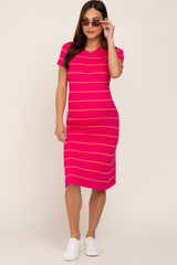 Fuchsia Striped Ribbed Fitted Maternity Sweater Dress