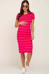 Fuchsia Striped Ribbed Fitted Maternity Sweater Dress