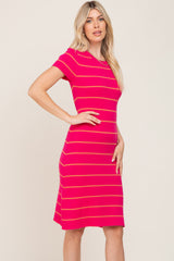 Fuchsia Striped Ribbed Fitted Sweater Dress