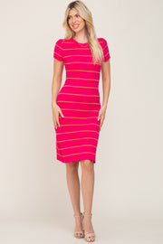 Fuchsia Striped Ribbed Fitted Sweater Dress