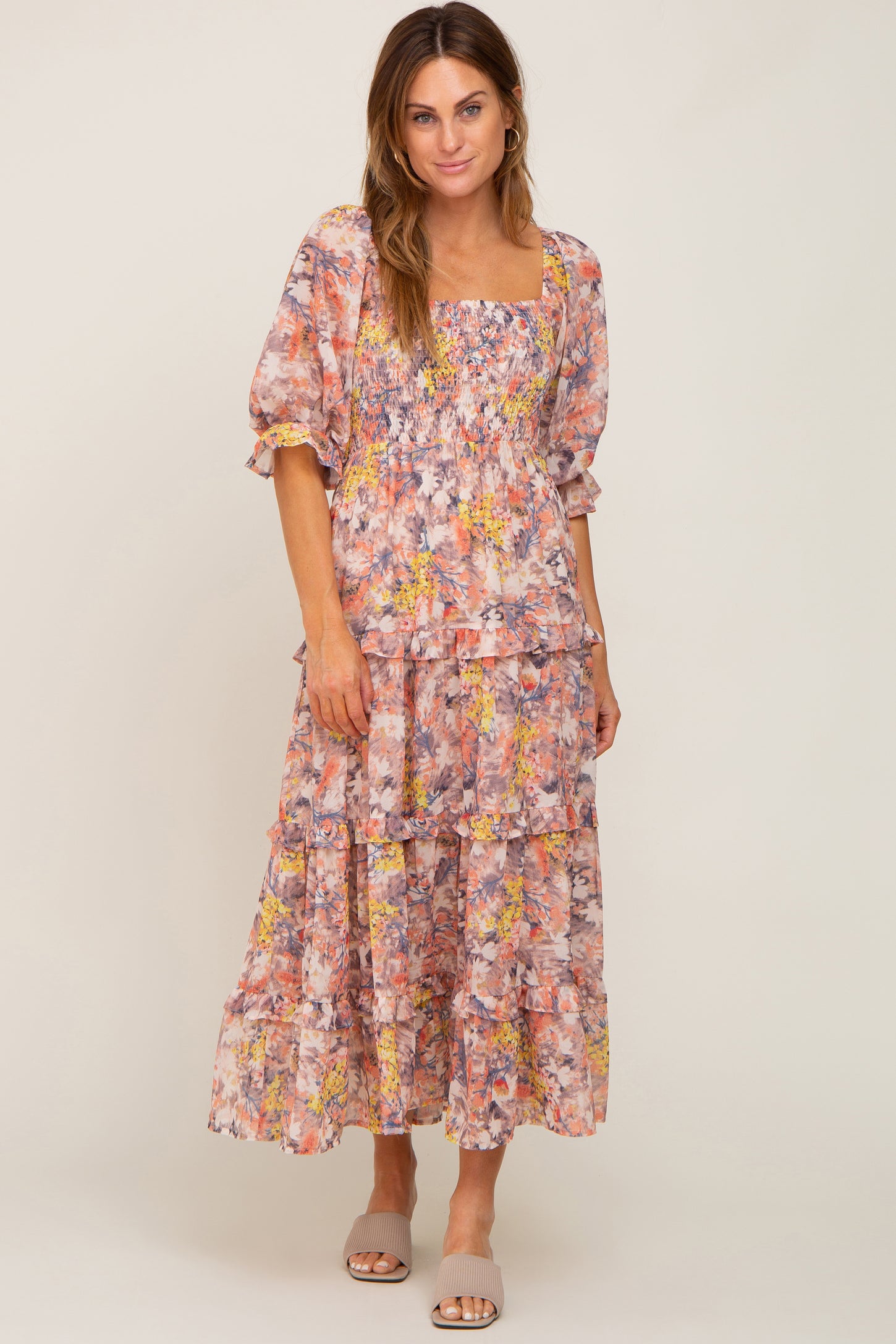 Taupe Floral Watercolor Print Tiered Midi Dress– PinkBlush