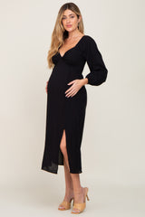 Black Twist V-Neck Front Cutout Maternity Midi Dress