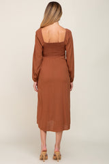 Brown Twist V-Neck Front Cutout Maternity Midi Dress