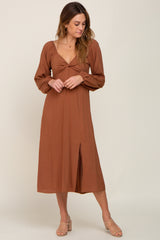 Brown Twist V-Neck Front Cutout Midi Dress