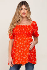 Orange Floral Smocked Square Neck Maternity Top