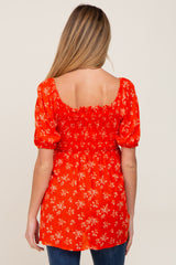 Orange Floral Smocked Square Neck Maternity Top