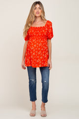 Orange Floral Smocked Square Neck Maternity Top