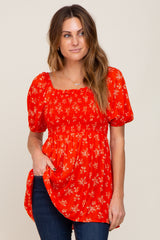 Orange Floral Smocked Square Neck Maternity Top