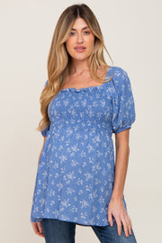 Blue Floral Smocked Square Neck Maternity Top