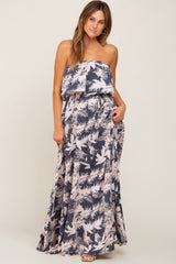 Charcoal Leaf Print Strapless Front Tie Maternity Maxi Dress