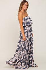 Charcoal Leaf Print Strapless Front Tie Maxi Dress