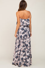 Charcoal Leaf Print Strapless Front Tie Maxi Dress