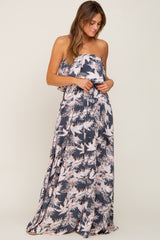 Charcoal Leaf Print Strapless Front Tie Maxi Dress