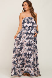 Charcoal Leaf Print Strapless Front Tie Maternity Maxi Dress