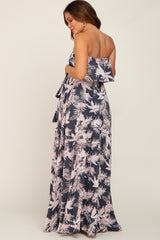 Charcoal Leaf Print Strapless Front Tie Maternity Maxi Dress