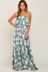 Green Leaf Print Strapless Front Tie Maxi Dress