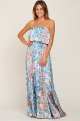 Blue Floral Satin Strapless Front Tie Maxi Dress