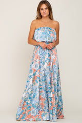 Blue Floral Satin Strapless Front Tie Maxi Dress