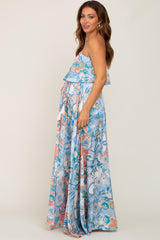 Blue Floral Satin Strapless Front Tie Maternity Maxi Dress