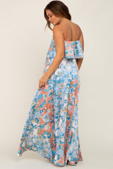 Blue Floral Satin Strapless Front Tie Maternity Maxi Dress