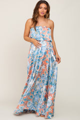 Blue Floral Satin Strapless Front Tie Maternity Maxi Dress