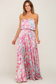 Fuchsia Floral Satin Strapless Front Tie Maxi Dress