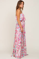 Fuchsia Floral Satin Strapless Front Tie Maxi Dress